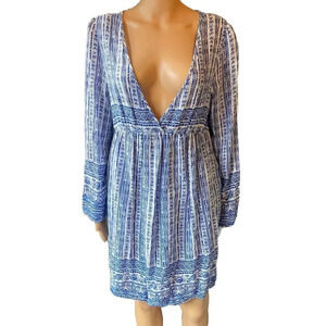 KidsForm Women Mini Dress 2XL Blue White Paisley Deep V Neck Bohemian Casual